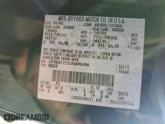 ✅ 2003 Ford F-150 XL • VIN: 1FTRX17253NB90496 • Lot: 82596575. Listed on Copart with Not provided. Free auction sales archive from the USA and detailed vehicle history report at DreamBid. Image 12.