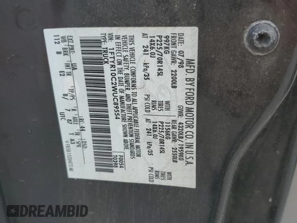 ✅ 1998 Ford Ranger XL • VIN: 1FTYR10C2WUC89554 • Lot: 85537865. Wystawiony na Copart z przebiegiem 103 291 mil. Bezpłatny archiwum sprzedaży aukcyjnych z USA i szczegółowy raport historii pojazdu na DreamBid. Zdjęcie 12.