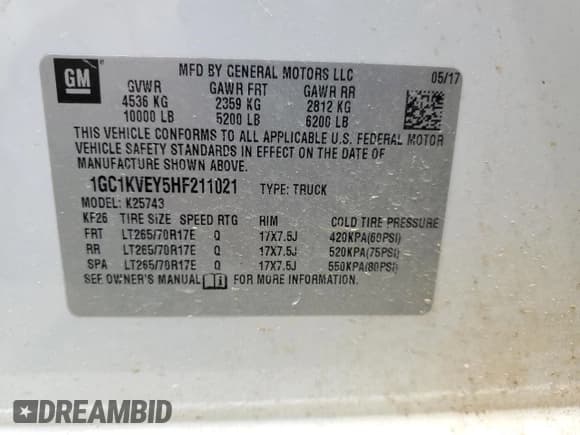 ✅ 2017 Chevrolet Silverado 2500HD LT • VIN: 1GC1KVEY5HF211021 • Lot: 58297065. Wystawiony na Copart z przebiegiem 176 143 mil. Bezpłatny archiwum sprzedaży aukcyjnych z USA i szczegółowy raport historii pojazdu na DreamBid. Zdjęcie 12.
