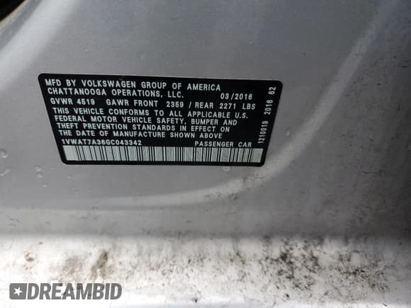 ✅ 2016 Volkswagen Passat S • VIN: 1VWAT7A36GC043342 • Lot: 81147925. Listed on Copart with 110,935 mi. Free auction sales archive from the USA and detailed vehicle history report at DreamBid. Image 12.