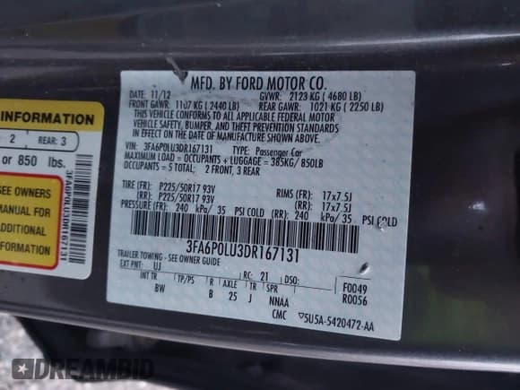 ✅ 2013 Ford Fusion SE Hybrid • VIN: 3FA6P0LU3DR167131 • Lot: 43793954. Listed on IAAI with 168,201 mi. Free auction sales archive from the USA and detailed vehicle history report at DreamBid. Image 9.