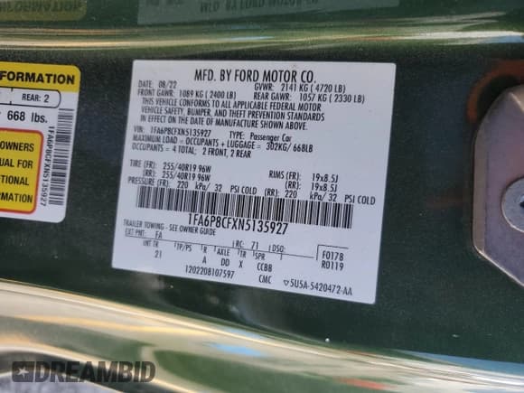 ✅ 2022 Ford Mustang GT • VIN: 1FA6P8CFXN5135927 • Lot: 71727235. Listed on Copart with 58,736 mi. Free auction sales archive from the USA and detailed vehicle history report at DreamBid. Image 13.