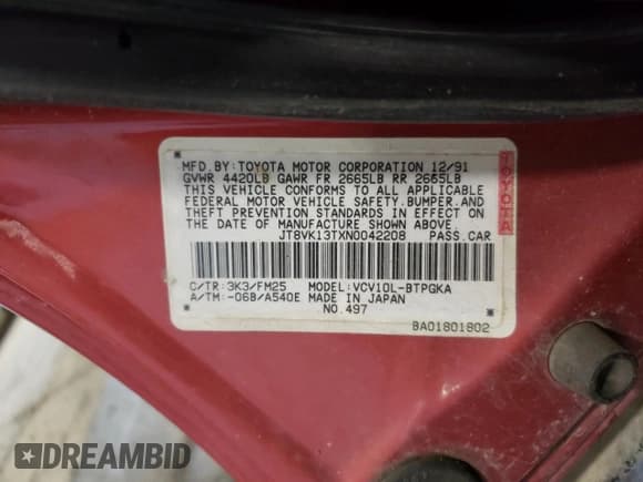 ✅ 1992 Lexus ES 300 • VIN: JT8VK13TXN0042208 • Lot: 89121765. Listed on Copart with 95,233 mi. Free auction sales archive from the USA and detailed vehicle history report at DreamBid. Image 14.