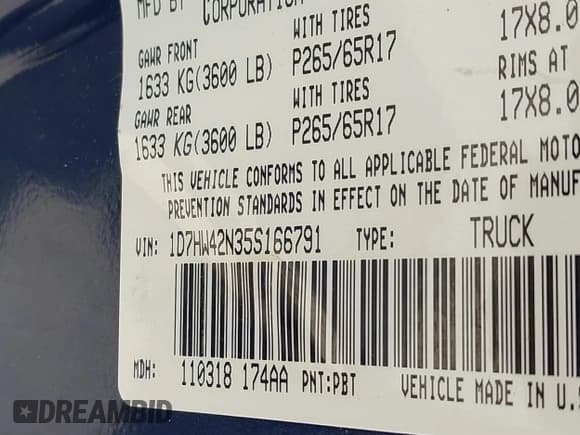 ✅ 2005 Dodge Dakota SLT • VIN: 1D7HW42N35S166791 • Lot: 42906810. Listed on IAAI with 134,232 mi. Free auction sales archive from the USA and detailed vehicle history report at DreamBid. Image 9.