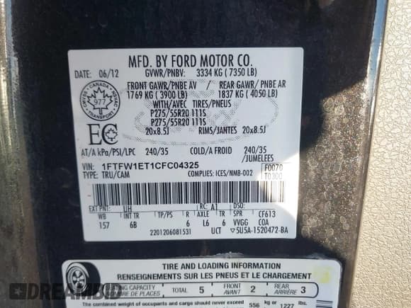 ✅ 2012 Ford F-150 FX4 • VIN: 1FTFW1ET1CFC04325 • Lot: 43541280. Listed on IAAI with 260,626 mi. Free auction sales archive from the USA and detailed vehicle history report at DreamBid. Image 9.