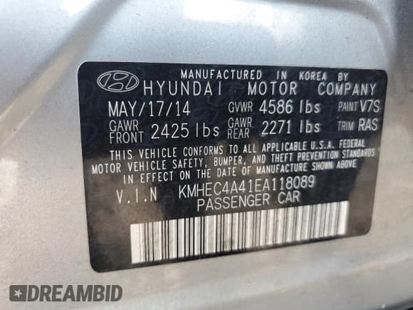 ✅ 2014 Hyundai Sonata Limited • VIN: KMHEC4A41EA118089 • Lot: 68168574. Listed on Copart with 56,384 mi. Free auction sales archive from the USA and detailed vehicle history report at DreamBid. Image 12.