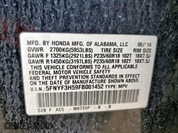 ✅ 2015 Honda Pilot EX-L • VIN: 5FNYF3H59FB001452 • Lot: 84740935. Listed on Copart with Not provided. Free auction sales archive from the USA and detailed vehicle history report at DreamBid. Image 13.