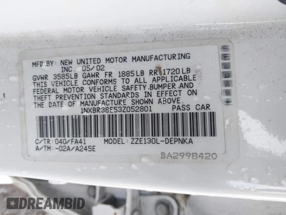 ✅ 2003 Toyota Corolla CE • VIN: 1NXBR38E53Z052801 • Lot: 43682113. Listed on IAAI with 263,797 mi. Free auction sales archive from the USA and detailed vehicle history report at DreamBid. Image 9.