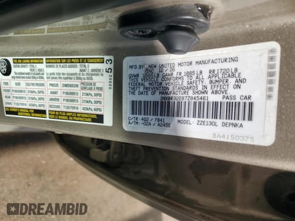 ✅ 2007 Toyota Corolla CE • VIN: 1NXBR32E87Z845461 • Lot: 81261345. Listed on Copart with 299,999 mi. Free auction sales archive from the USA and detailed vehicle history report at DreamBid. Image 12.