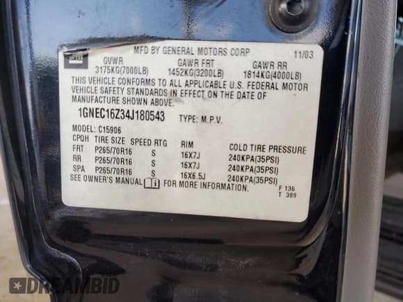 ✅ 2004 Chevrolet Suburban LT • VIN: 1GNEC16Z34J180543 • Лот: 44303975. Опубликован ранее на Copart с пробегом 270 011 миль. Бесплатный доступ к архиву аукционных продаж из США и подробный отчёт об истории автомобиля на DreamBid. Изображение 12.