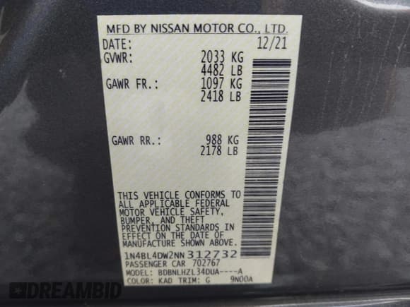 ✅ 2022 Nissan Altima SV • VIN: 1N4BL4DW2NN312732 • Lot: 43638028. Listed on IAAI with 121,849 mi. Free auction sales archive from the USA and detailed vehicle history report at DreamBid. Image 9.