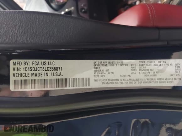 ✅ 2020 Dodge Durango R/T • VIN: 1C4SDJCT8LC356871 • Lot: 42593192. Wystawiony na IAAI z przebiegiem 99 631 mil. Bezpłatny archiwum sprzedaży aukcyjnych z USA i szczegółowy raport historii pojazdu na DreamBid. Zdjęcie 9.