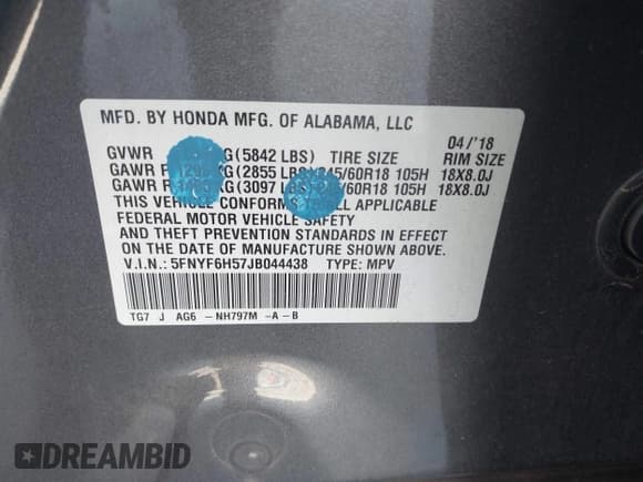 ✅ 2018 Honda Pilot EX-L • VIN: 5FNYF6H57JB044438 • Lot: 42996544. Listed on IAAI with 86,612 mi. Free auction sales archive from the USA and detailed vehicle history report at DreamBid. Image 9.