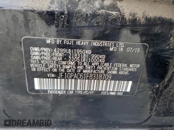 ✅ 2015 Subaru Impreza Premium • VIN: JF1GPAC61F8318709 • Lot: 94510715. Listed on Copart with 95,385 mi. Free auction sales archive from the USA and detailed vehicle history report at DreamBid. Image 12.