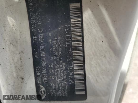 ✅ 2004 MINI Hardtop S • VIN: WMWRE33434TD81033 • Lot: 63759035. Listed on Copart with 319,648 mi. Free auction sales archive from the USA and detailed vehicle history report at DreamBid. Image 12.