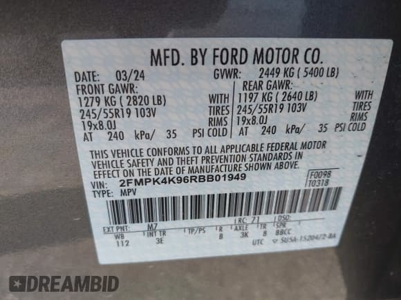 ✅ 2024 Ford Edge Titanium • VIN: 2FMPK4K96RBB01949 • Lot: 43457293. Listed on IAAI with 39,692 mi. Free auction sales archive from the USA and detailed vehicle history report at DreamBid. Image 9.