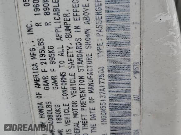 2007 Honda Accord VP with VIN 1HGCM55137A177504, listed as a Copart auction lot 82393495 with 261,201 mi miles and Salvage title. Bid and sale history available at DreamBid. Image 12.