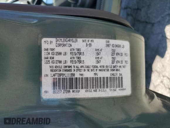 ✅ 2000 Jeep Cherokee • VIN: 1J4FT28P9YL111990 • Lot: 69512375. Listed on Copart with 107,866 mi. Free auction sales archive from the USA and detailed vehicle history report at DreamBid. Image 13.