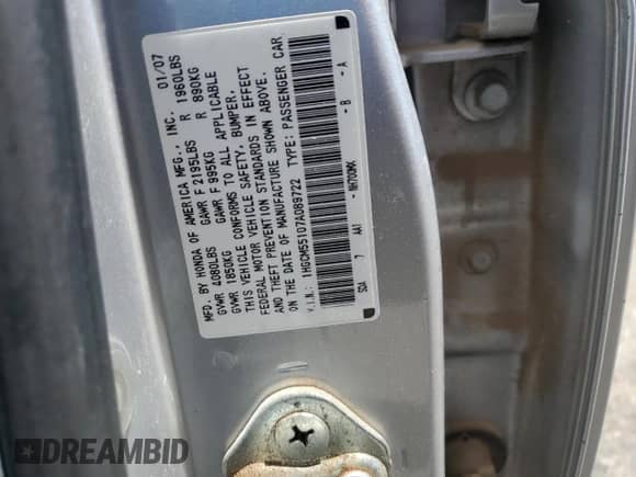 2007 Honda Accord VP with VIN 1HGCM55107A089722, listed as a Copart auction lot 55077415 with 148,797 mi miles and Salvage title. Bid and sale history available at DreamBid. Image 12.