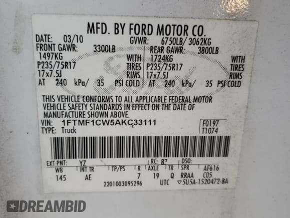 ✅ 2010 Ford F-150 XL • VIN: 1FTMF1CW5AKC33111 • Lot: 51788375. Wystawiony na Copart z przebiegiem 239 518 mil. Bezpłatny archiwum sprzedaży aukcyjnych z USA i szczegółowy raport historii pojazdu na DreamBid. Zdjęcie 12.