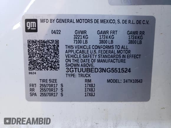 ✅ 2022 GMC Sierra 1500 SLE • VIN: 3GTUUBED3NG551524 • Лот: 52345145. Опубликован ранее на Copart с пробегом 146 967 миль. Бесплатный доступ к архиву аукционных продаж из США и подробный отчёт об истории автомобиля на DreamBid. Изображение 12.