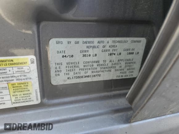 ✅ 2010 Chevrolet Aveo 1LT • VIN: KL1TD5DE3AB118772 • Lot: 50234765. Wystawiony na Copart z przebiegiem 171 575 mil. Bezpłatny archiwum sprzedaży aukcyjnych z USA i szczegółowy raport historii pojazdu na DreamBid. Zdjęcie 12.