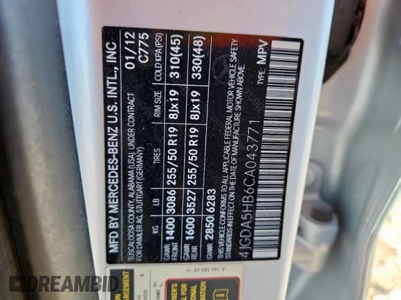 ✅ 2012 Mercedes-Benz M 350 • VIN: 4JGDA5HB6CA043771 • Lot: 91995505. Listed on Copart with 130,361 mi. Free auction sales archive from the USA and detailed vehicle history report at DreamBid. Image 13.