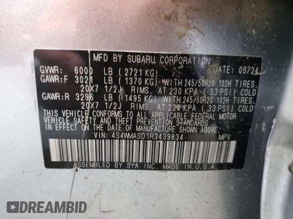 ✅ 2024 Subaru Ascent Limited • VIN: 4S4WMASD1R3439834 • Lot: 85566595. Listed on Copart with 7,019 mi. Free auction sales archive from the USA and detailed vehicle history report at DreamBid. Image 14.