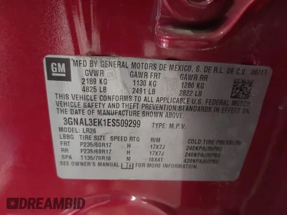 ✅ 2014 Chevrolet Captiva Sport LT • VIN: 3GNAL3EK1ES509299 • Лот: 43618861. Опубликован ранее на IAAI с пробегом 91 658 миль. Бесплатный доступ к архиву аукционных продаж из США и подробный отчёт об истории автомобиля на DreamBid. Изображение 9.