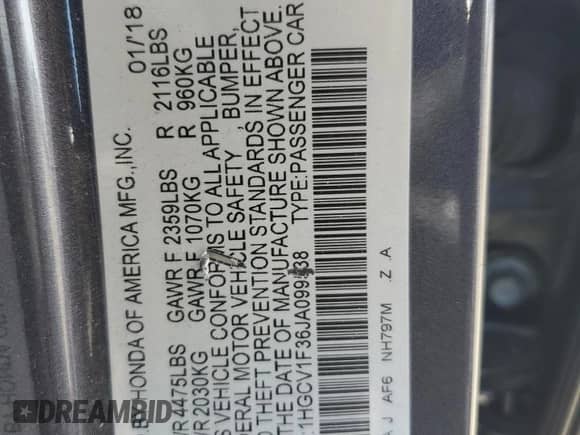 2018 Honda Accord Sport с VIN 1HGCV1F36JA099538, выставлен на аукционе Copart как лот 80401425 с пробегом 241 179 миль миль и Списание • Salvage title. История ставок и продаж доступна на DreamBid. Изображение 13.