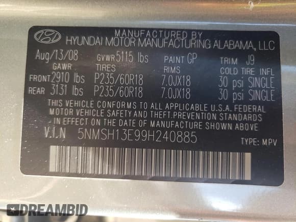 ✅ 2009 Hyundai Santa Fe Limited • VIN: 5NMSH13E99H240885 • Lot: 72333614. Listed on Copart with 218,784 mi. Free auction sales archive from the USA and detailed vehicle history report at DreamBid. Image 13.