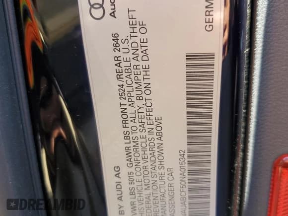 ✅ 2022 Audi A5 Sportback Premium • VIN: WAUABCF50NA015342 • Lot: 69722225. Wystawiony na Copart z przebiegiem 18 862 mil. Bezpłatny archiwum sprzedaży aukcyjnych z USA i szczegółowy raport historii pojazdu na DreamBid. Zdjęcie 12.