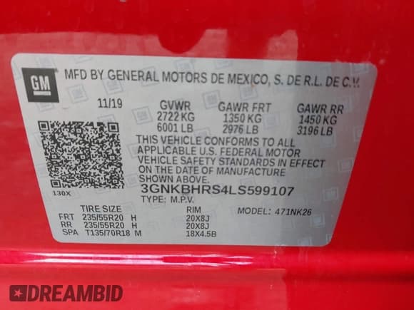 ✅ 2020 Chevrolet Blazer LT • VIN: 3GNKBHRS4LS599107 • Lot: 43114373. Listed on IAAI with 68,274 mi. Free auction sales archive from the USA and detailed vehicle history report at DreamBid. Image 9.