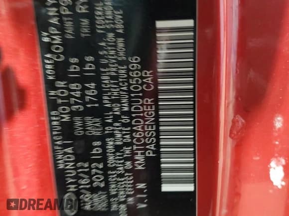 ✅ 2013 Hyundai Veloster w/Black Int • VIN: KMHTC6AD1DU105696 • Lot: 45562345. Listed on Copart with 60,259 mi. Free auction sales archive from the USA and detailed vehicle history report at DreamBid. Image 12.