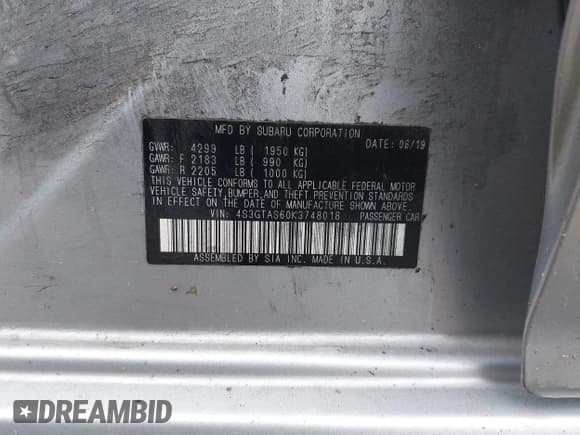 ✅ 2019 Subaru Impreza Limited • VIN: 4S3GTAS60K3748018 • Lot: 42645054. Listed on IAAI with 61,819 mi. Free auction sales archive from the USA and detailed vehicle history report at DreamBid. Image 9.