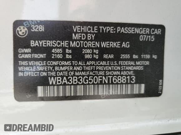 ✅ 2015 BMW 3 Series 328i xDrive • VIN: WBA3B3G50FNT68813 • Lot: 81403395. Listed on Copart with 151,840 mi. Free auction sales archive from the USA and detailed vehicle history report at DreamBid. Image 12.