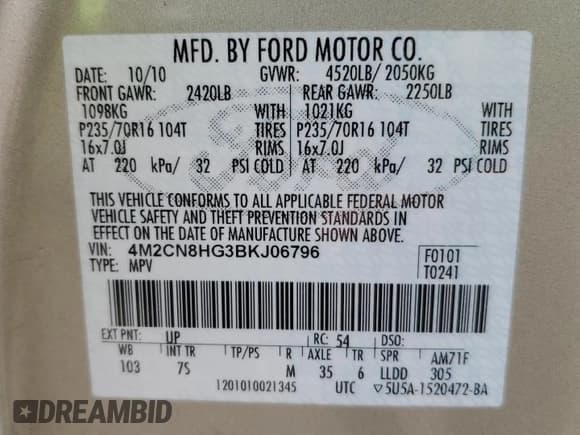 ✅ 2011 Mercury Mariner Premier • VIN: 4M2CN8HG3BKJ06796 • Lot: 66446235. Listed on Copart with 92,834 mi. Free auction sales archive from the USA and detailed vehicle history report at DreamBid. Image 13.