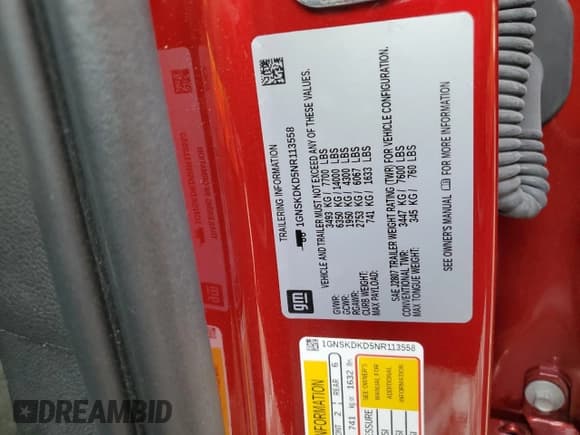 ✅ 2022 Chevrolet Suburban Z71 • VIN: 1GNSKDKD5NR113558 • Lot: 73291324. Wystawiony na Copart z przebiegiem 57 271 mil. Bezpłatny archiwum sprzedaży aukcyjnych z USA i szczegółowy raport historii pojazdu na DreamBid. Zdjęcie 13.