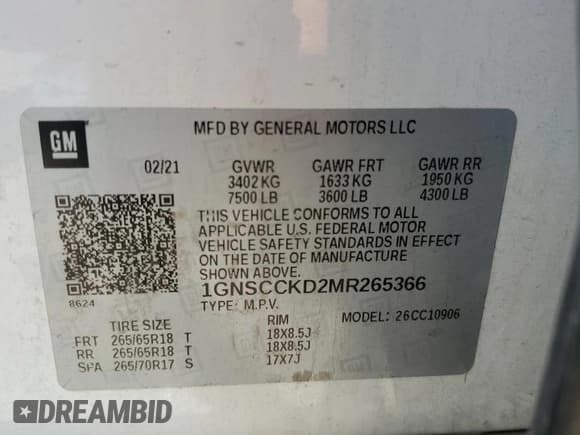 ✅ 2021 Chevrolet Suburban LT • VIN: 1GNSCCKD2MR265366 • Лот: 55333565. Опубликован ранее на Copart с пробегом 106 345 миль. Бесплатный доступ к архиву аукционных продаж из США и подробный отчёт об истории автомобиля на DreamBid. Изображение 13.