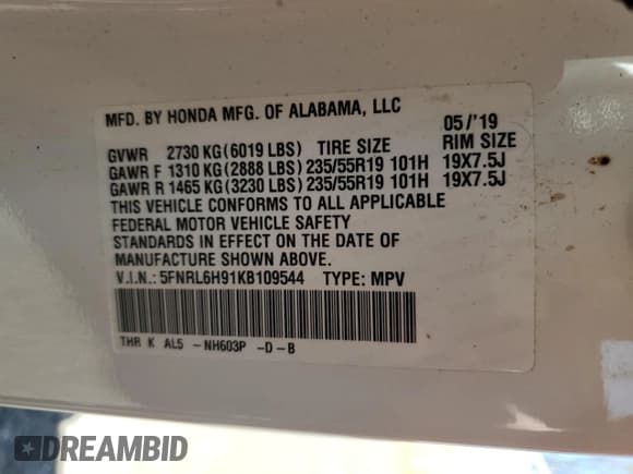 ✅ 2019 Honda Odyssey Elite • VIN: 5FNRL6H91KB109544 • Lot: 53440185. Listed on Copart with 92,457 mi. Free auction sales archive from the USA and detailed vehicle history report at DreamBid. Image 13.