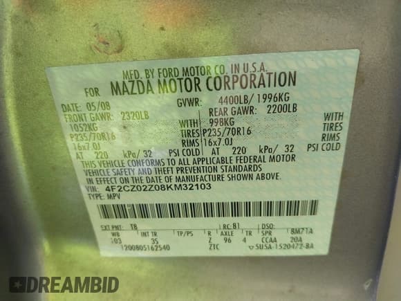 ✅ 2008 Mazda Tribute Touring • VIN: 4F2CZ02Z08KM32103 • Lot: 42483993. Wystawiony na IAAI z przebiegiem 170 351 mil. Bezpłatny archiwum sprzedaży aukcyjnych z USA i szczegółowy raport historii pojazdu na DreamBid. Zdjęcie 9.