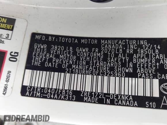 ✅ 2015 Toyota Corolla S Plus • VIN: 2T1BURHE0FC325960 • Lot: 43289138. Listed on IAAI with 122,894 mi. Free auction sales archive from the USA and detailed vehicle history report at DreamBid. Image 9.