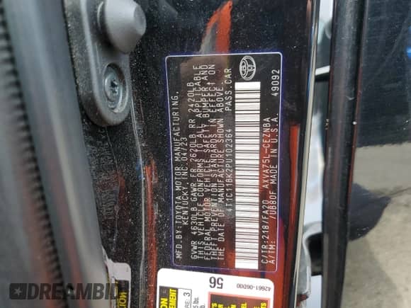 2023 Toyota Camry LE с VIN 4T1C11BK2PU102364, выставлен на аукционе Copart как лот 63044945 с пробегом 20 287 миль миль и Списание • Salvage title. История ставок и продаж доступна на DreamBid. Изображение 13.