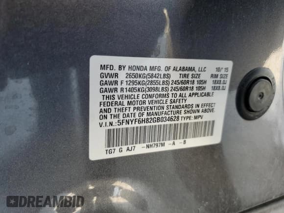 ✅ 2016 Honda Pilot EX-L • VIN: 5FNYF6H82GB034628 • Lot: 80095855. Listed on Copart with 165,831 mi. Free auction sales archive from the USA and detailed vehicle history report at DreamBid. Image 14.