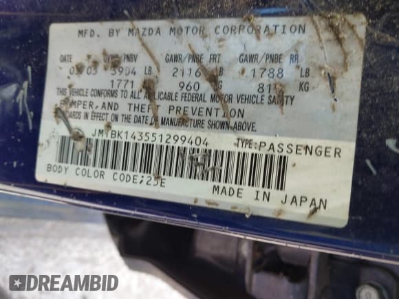 ✅ 2005 Mazda 3 s • VIN: JM1BK143551299404 • Lot: 43044291. Listed on IAAI with Not provided. Free auction sales archive from the USA and detailed vehicle history report at DreamBid. Image 9.