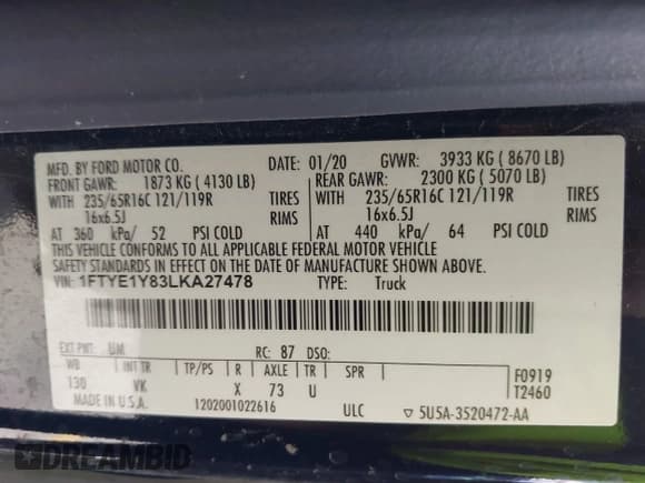 ✅ 2020 Ford Transit Cargo • VIN: 1FTYE1Y83LKA27478 • Lot: 42468253. Wystawiony na IAAI z przebiegiem 73 131 mil. Bezpłatny archiwum sprzedaży aukcyjnych z USA i szczegółowy raport historii pojazdu na DreamBid. Zdjęcie 9.