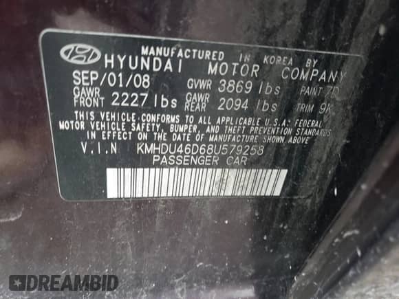 2008 Hyundai Elantra GLS z VIN KMHDU46D68U579258, wystawiony jako Copart lot #74467294 z przebiegiem 178 776 mil mil oraz Szkoda całkowita • Salvage title. Historia ofert i sprzedaży dostępna na DreamBid. Obrazek 13.