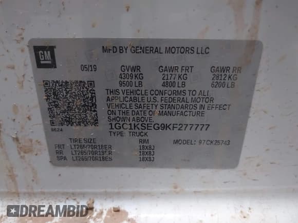 ✅ 2019 Chevrolet Silverado 2500HD LT • VIN: 1GC1KSEG9KF277777 • Лот: 40597481. Опубликован ранее на IAAI с пробегом 105 812 миль. Бесплатный доступ к архиву аукционных продаж из США и подробный отчёт об истории автомобиля на DreamBid. Изображение 9.