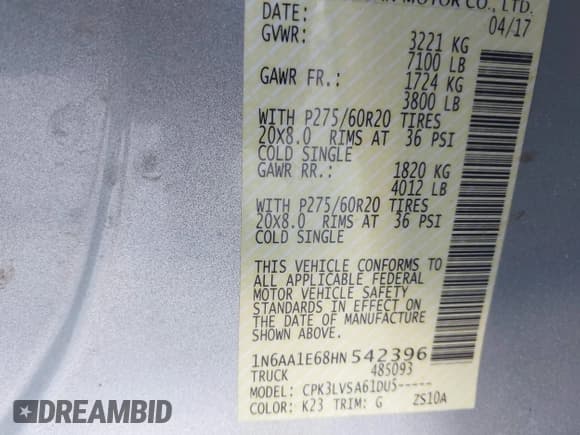 ✅ 2017 Nissan Titan Platinum Reserve • VIN: 1N6AA1E68HN542396 • Lot: 43688877. Listed on IAAI with 124,644 mi. Free auction sales archive from the USA and detailed vehicle history report at DreamBid. Image 9.