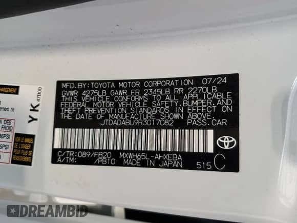 2024 Toyota Prius Limited with VIN JTDADABU9R3017082, listed as a Copart auction lot 85710085 with 9,983 mi miles and Salvage title. Bid and sale history available at DreamBid. Image 13.